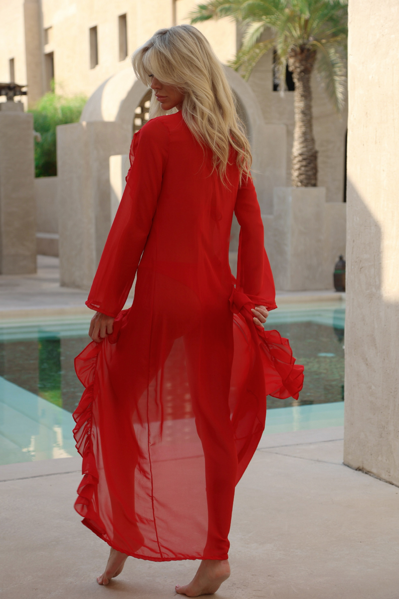 'Red' Chiffon Long Ruffle Kaftan