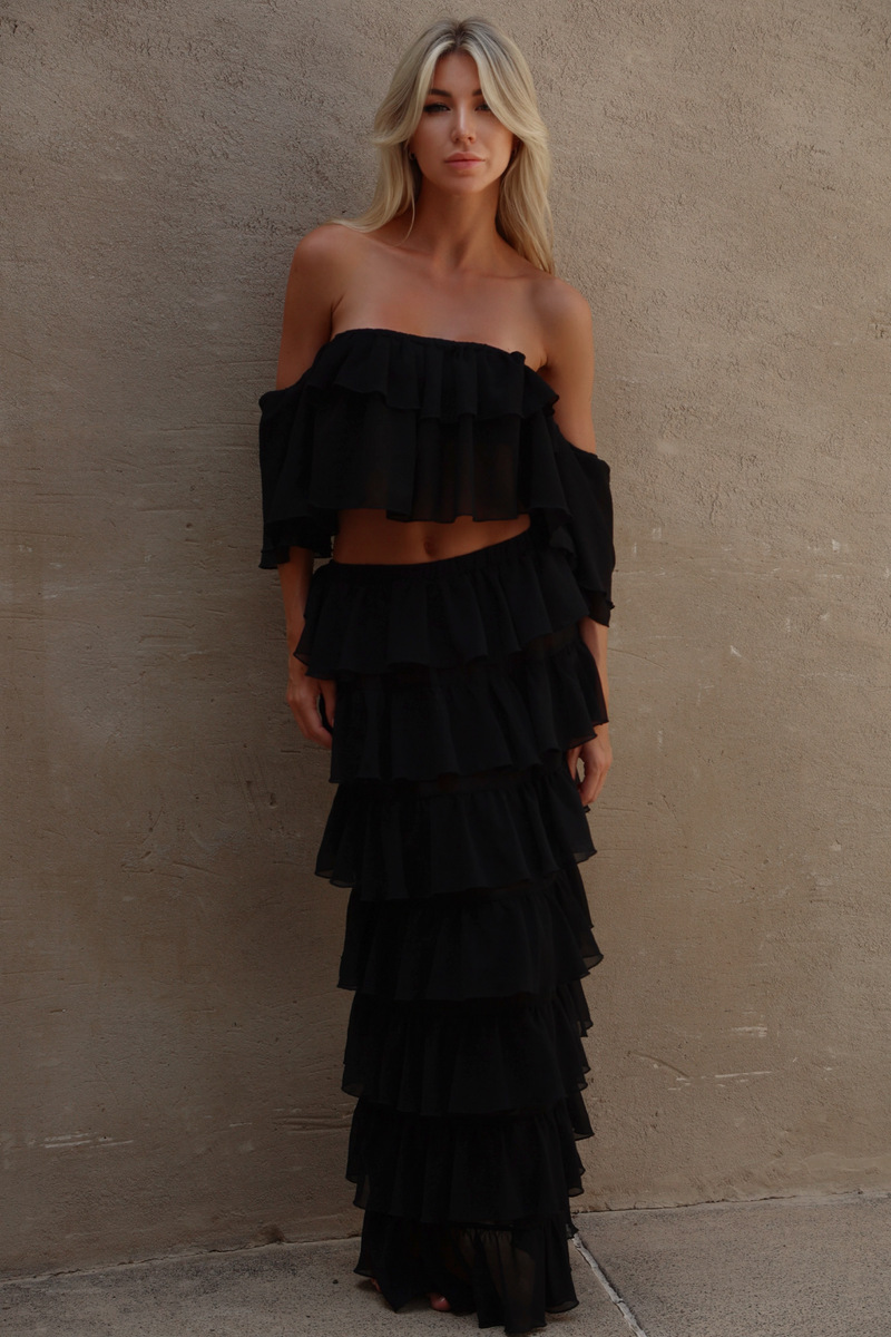 'Black' Chiffon Ruffle Off-The-Shoulder Top & Skirt Set