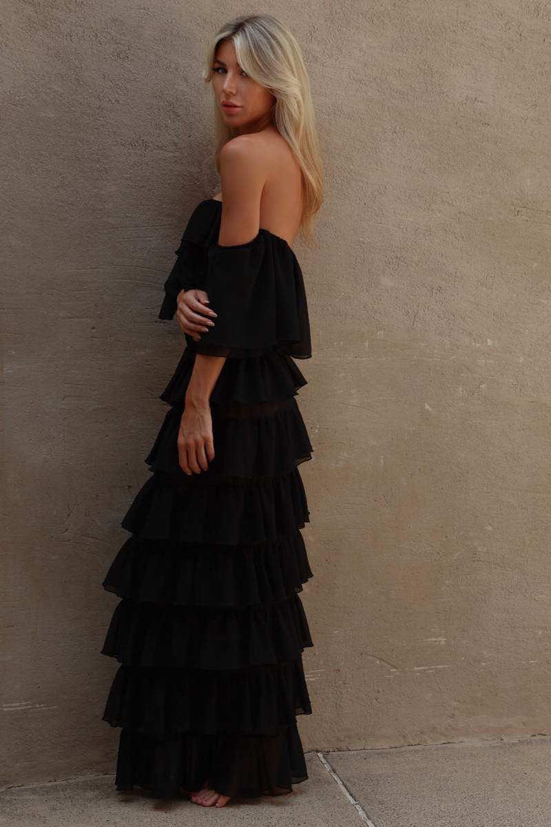 'Black' Chiffon Ruffle Off-The-Shoulder Top & Skirt Set